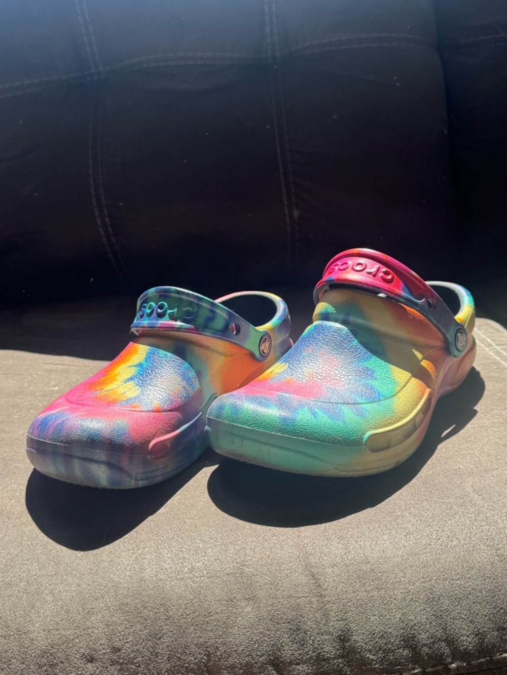 CROCS Rainbow Tie-Dye Pattern, Unisex sizes M5/W7, close toed work clog